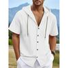 Men's Hooded Shirt Cotton Linen Breathable Lightweight Summer Short Sleeve Solid Color Stylish Shirts Male Casual Top