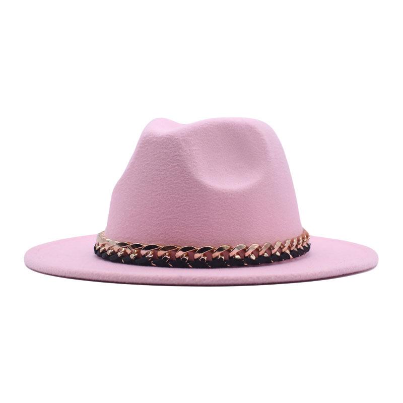 European, American Autumn and Winter British Style Fashionable and Elegant Flat-brimmed Big Eaves Hat Top Hat Men and Women Chain Jazz Woolen Hat