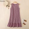 ZANZEA Women Casual Round Neck Summer Sleeveless Grid Print Dress
