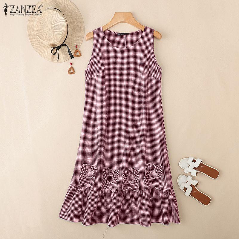 ZANZEA Women Casual Round Neck Summer Sleeveless Grid Print Dress