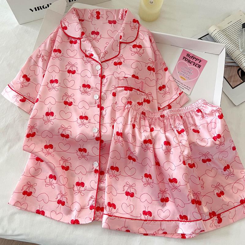 Love High-End Ice Silk Pajamas Women'S Summer Thin Short-Sleeved Sweet Loungewear Set
