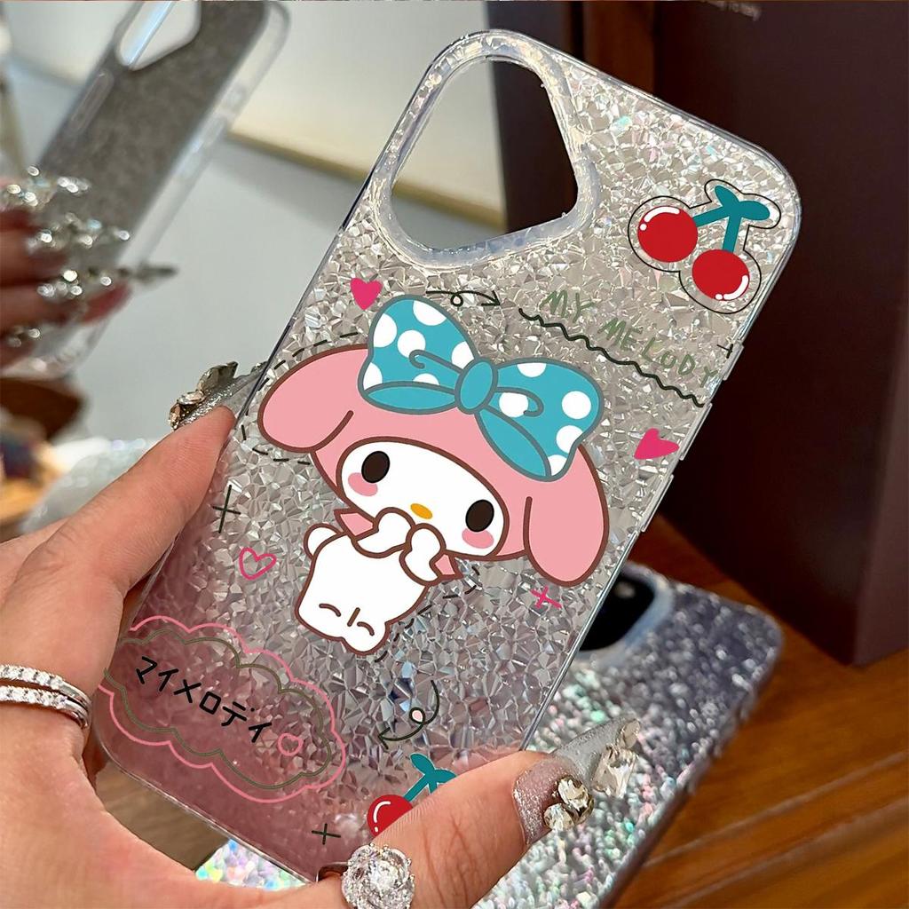 Case for iphone 14 Air 15 17 Pro 12 18 Pro Max XR 16 Plus 13 11 XS Max Silver Glitter Crackle Background Cinnamoroll with Cherry