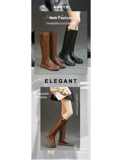 Women's Retro Leather Over-the-Knee Boots with Thick Sole and Velvet Lining - Versatile High-Top for Autumn/Winter