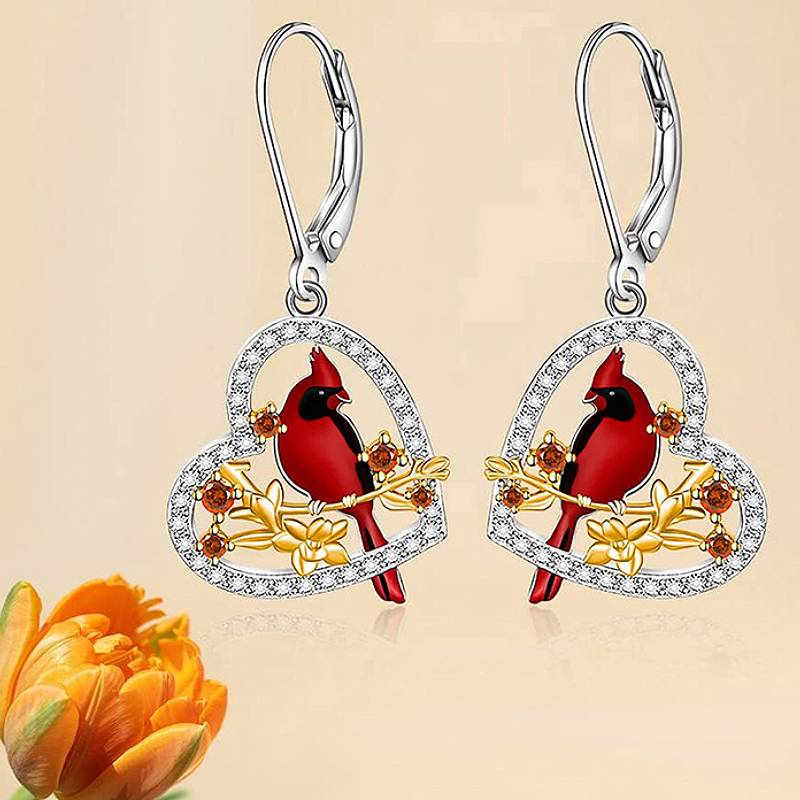 

Huitan Heart Women Drop Earrings Red Bird Enamel Trendy Party Wedding Fancy Accessories with Shiny CZ Two Tone Zircon for Lady