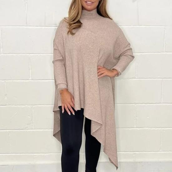 Women Tops High Collar Long Sleeve Solid Color Irregular Hem Pullover Tops Loose