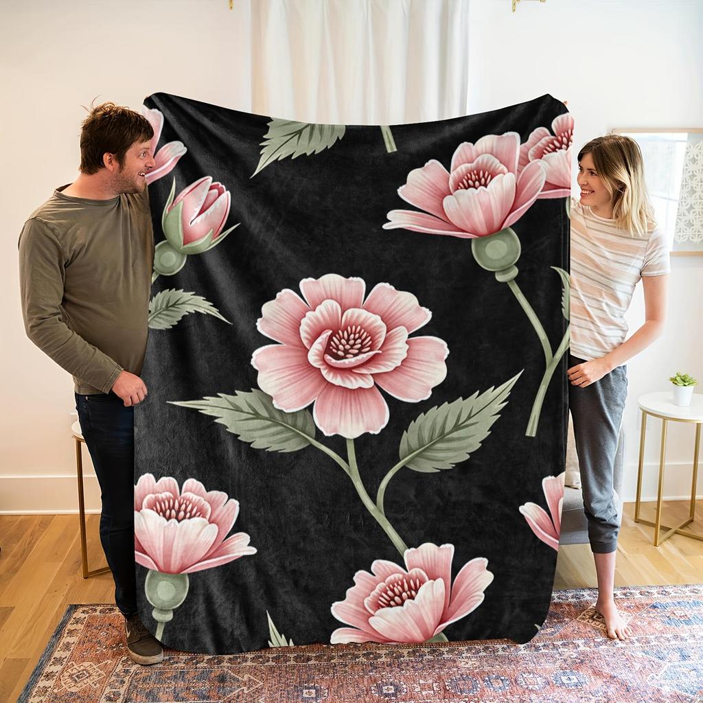 1pc Black printed blanket, polyester fabric, machine washable, suitable for bedroom and living room décor.