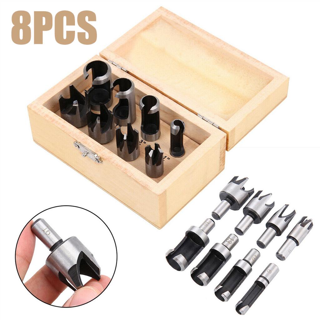 8 Pcs Plug Hole Cutter Set Dowel Maker Cutting Tools 3/8" Shank Bit W/case