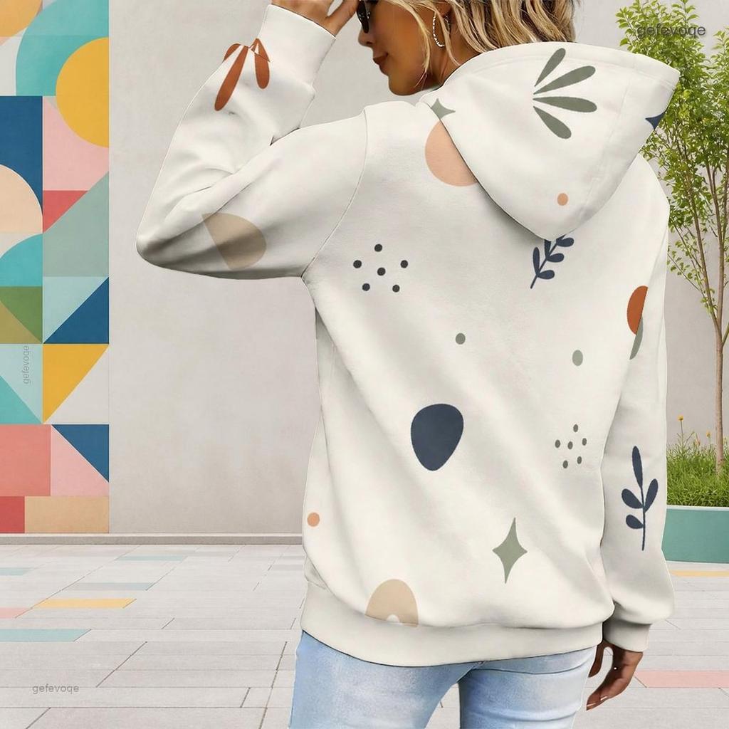 Women Plus Size Off White Printed Long Sleeve Drawstring Hoodie With Kangaroo Pocket