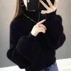 Duyinyan Puff Sleeve High Neck Knit Sweater for Fall and Fluffy Shaggy Knit Soft and Solid Stretch Long Everyday Size Black Women's Winter, Pullover,