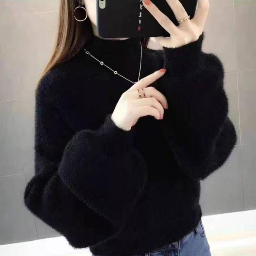 Duyinyan Puff Sleeve High Neck Knit Sweater for Fall and Fluffy Shaggy Knit Soft and Solid Stretch Long Everyday Size Black Women's Winter, Pullover,