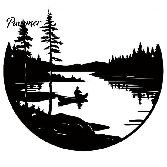 Decorative Accents for Home Round Nature Scene Iron Wall Art, Forest Lake Boating Metal Decor, Backyard Balcony Ornament Crafts Rustic Background
