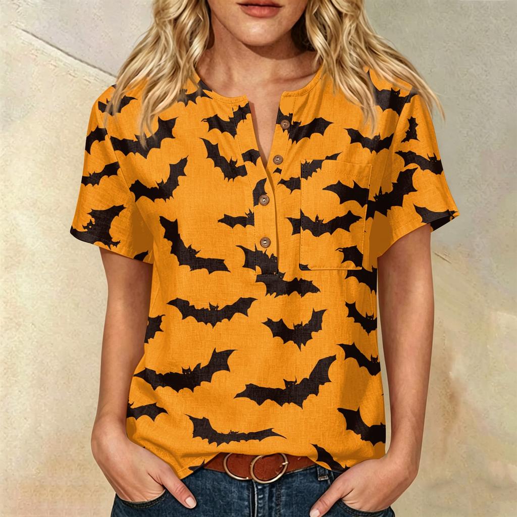 Women Casual Short Sleeve Henley Shirt Cotton Linen Blend Halloween Print Front Pocket Button Neck Blouse