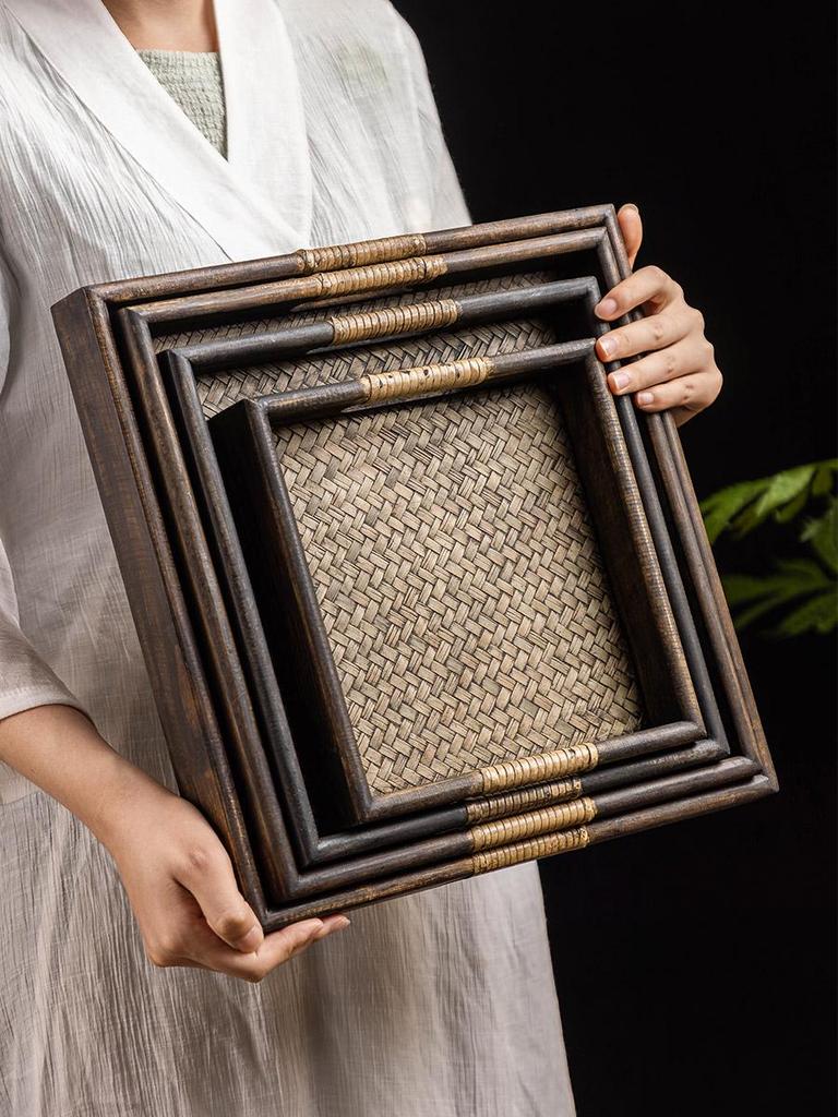 Thai Bamboo-Woven Solid Wood Tea & Serving Tray