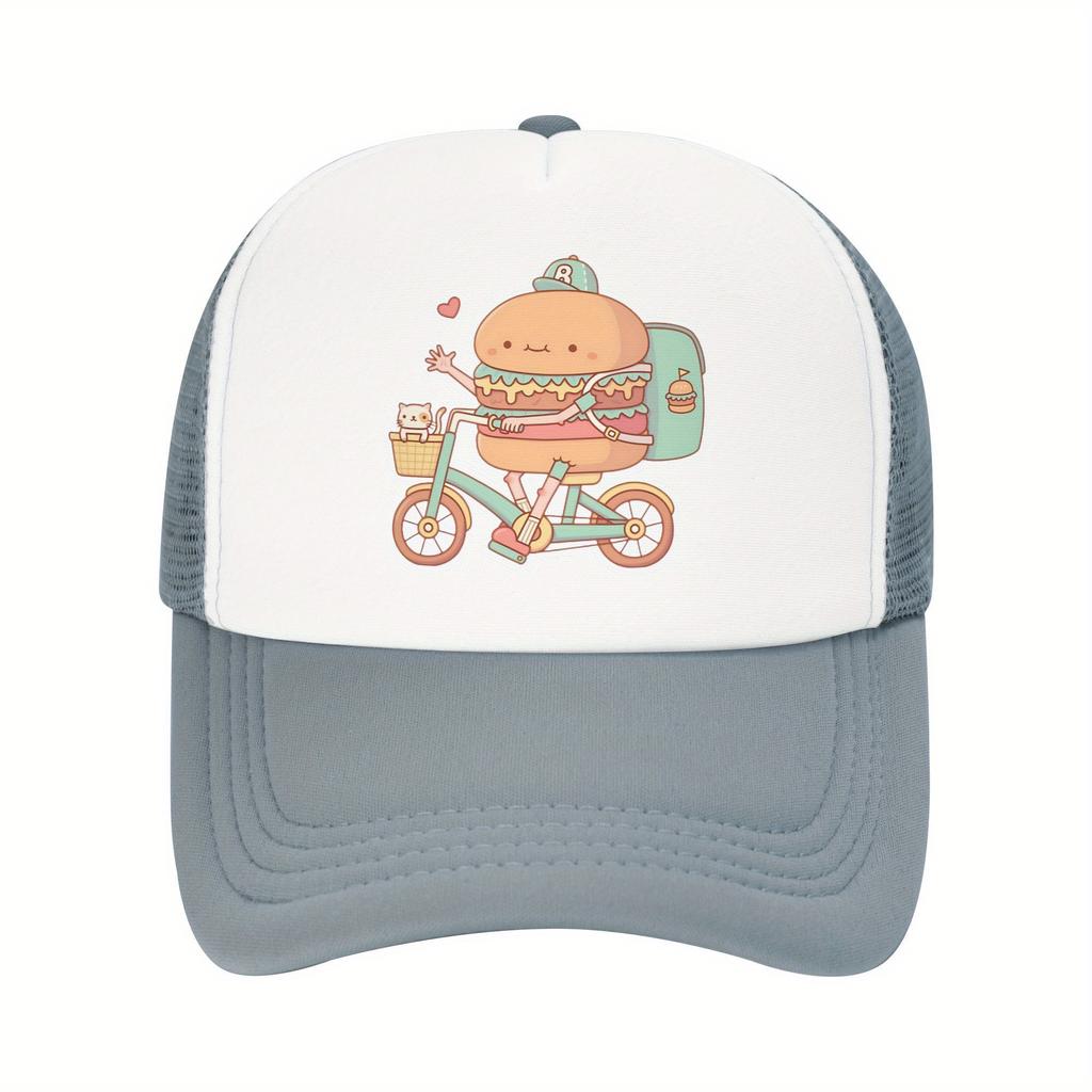 Burger Delivery Biker Trucker Hat Funny Food Print Mesh Back Adjustable Cap for Unisex Casual Outdoor