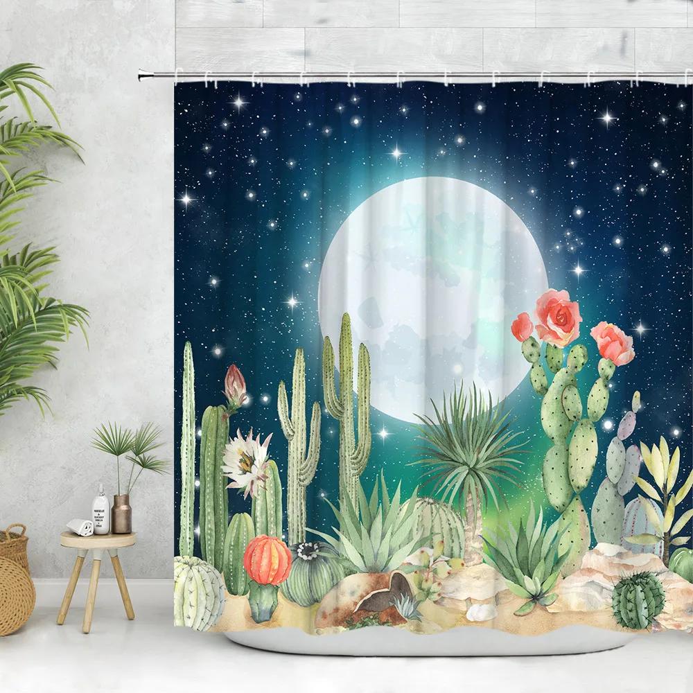 Cactus Shower Curtain Tropical Plant Greenery Moon Flower Desert Hummingbird Rustic Wood Panel Polyester Fabric Bathroom Decor