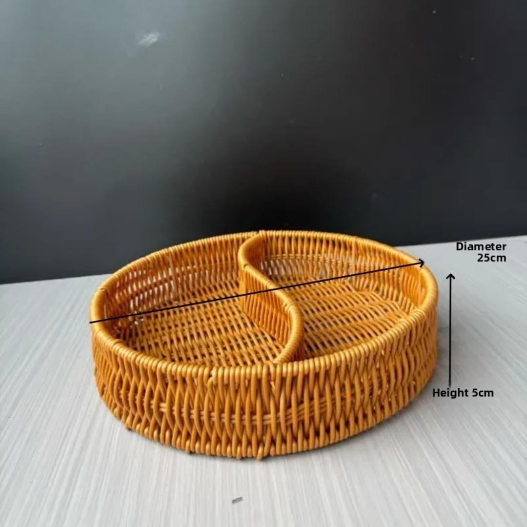 Handwoven Imitation Rattan Divided Serving Tray Rustic Farmhouse Compartment Snack Basket for Home Hotel Party Kitchen Decor Round 2 compartments коричневый