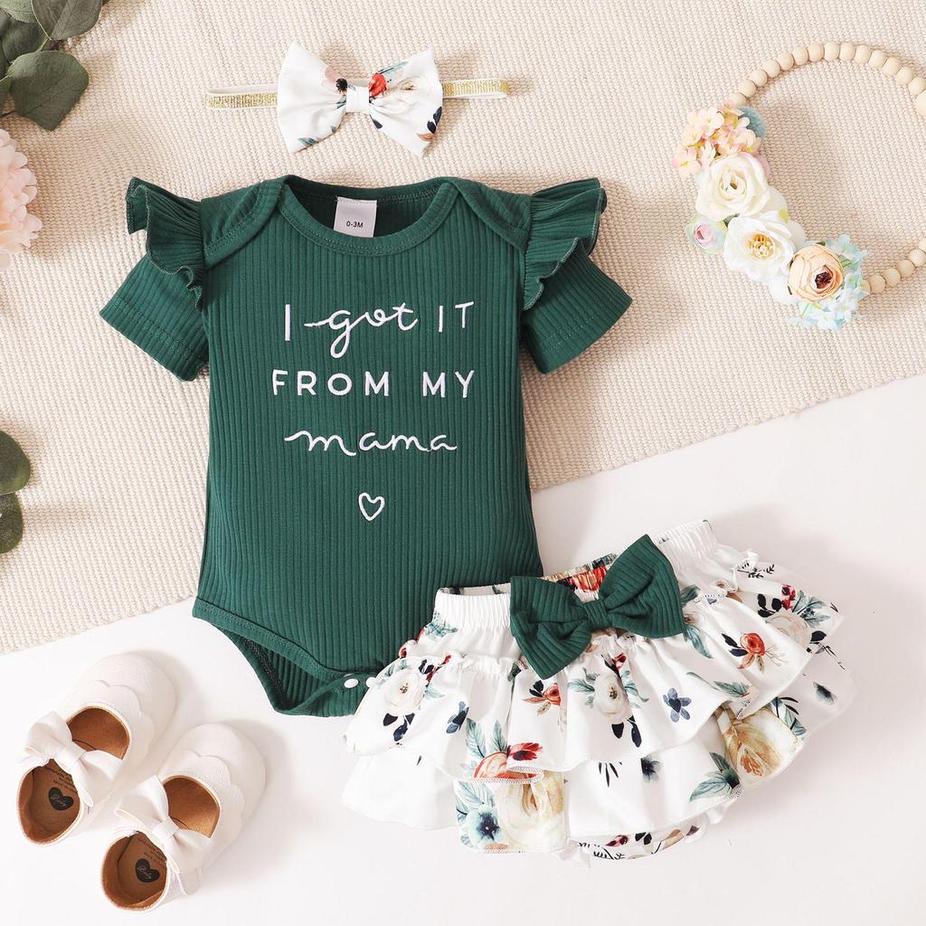 Girls' 2022 Korean Style Letter Print Top & Floral Shorts Spring/Autumn Three-Piece Set