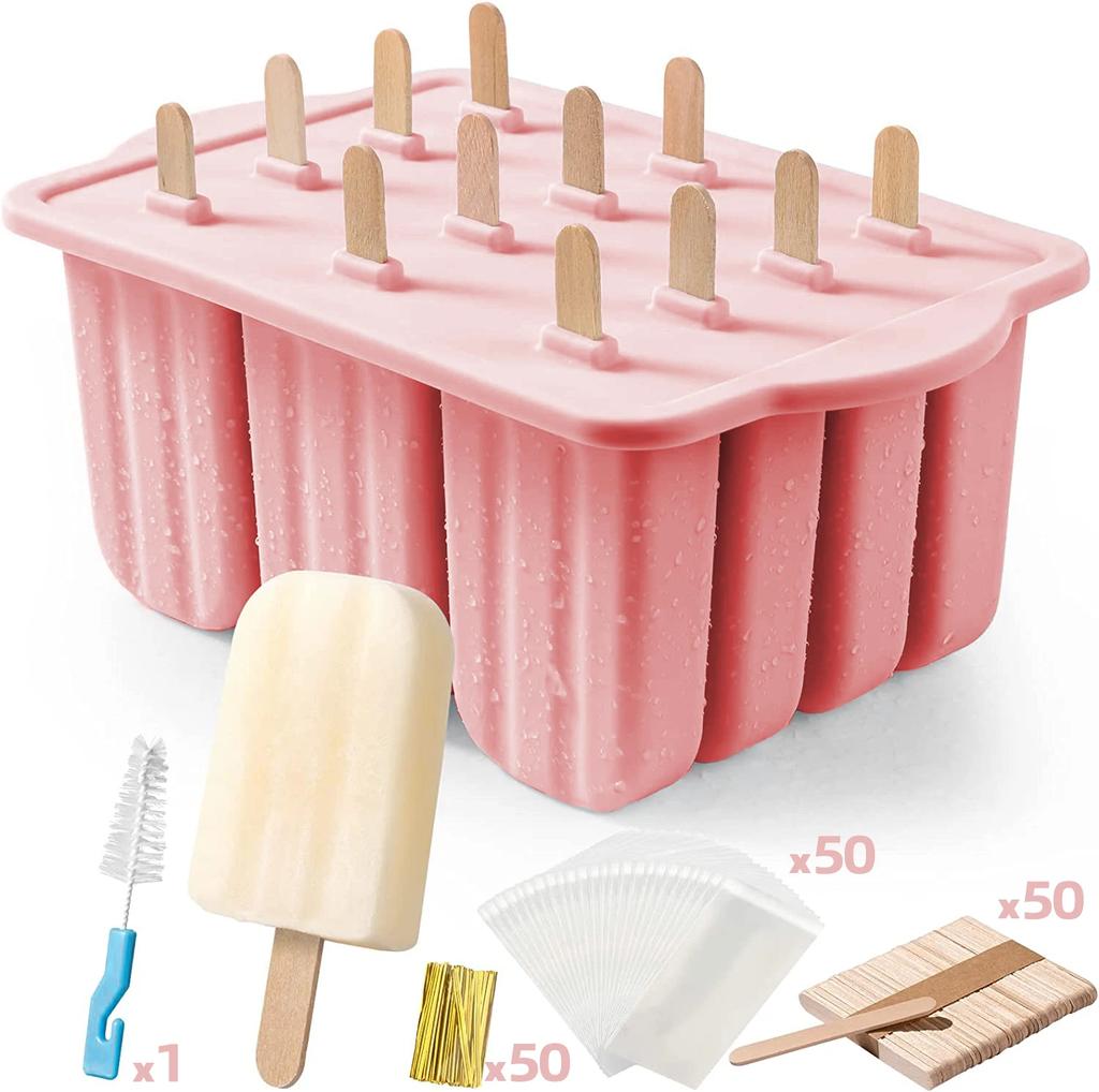 WIKHOSTAR 12 Grid Bpa-free Silicone Ice Cream Mould Tools with 50 Ice Cream Sticks and Packaging Bag DIY Ice Cream Mold Popsicle Maker for Home