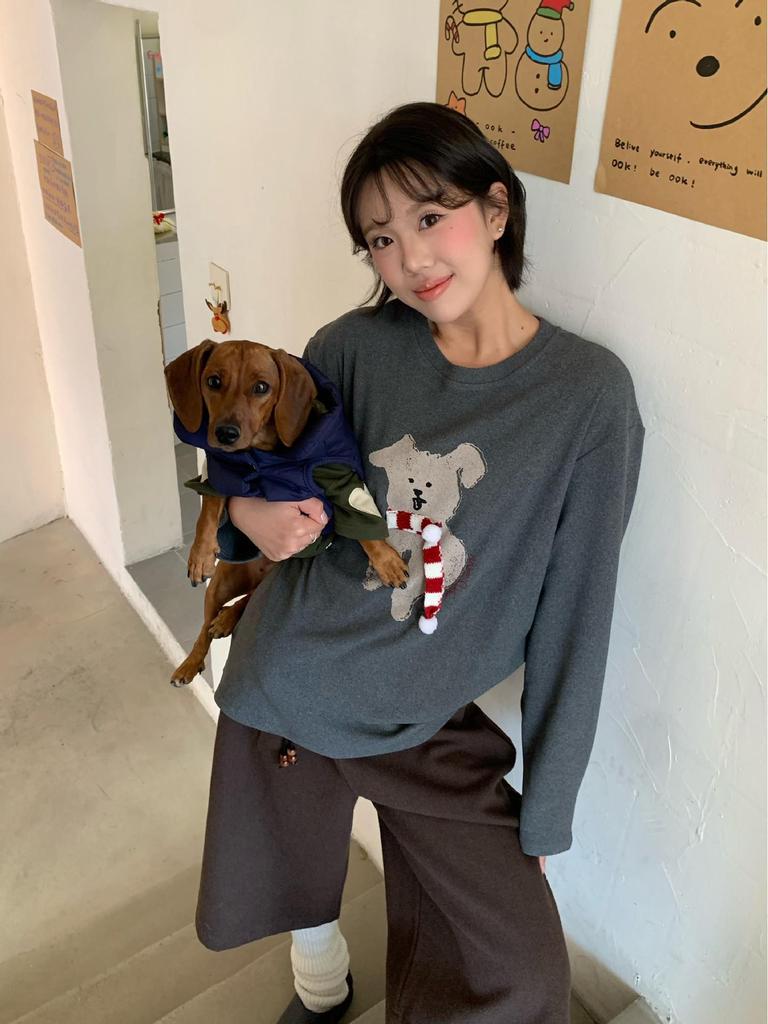 Koreanischer Stil Regenbogen Welpen Druck Locker Lässig Langarm T-Shirt für Damen
