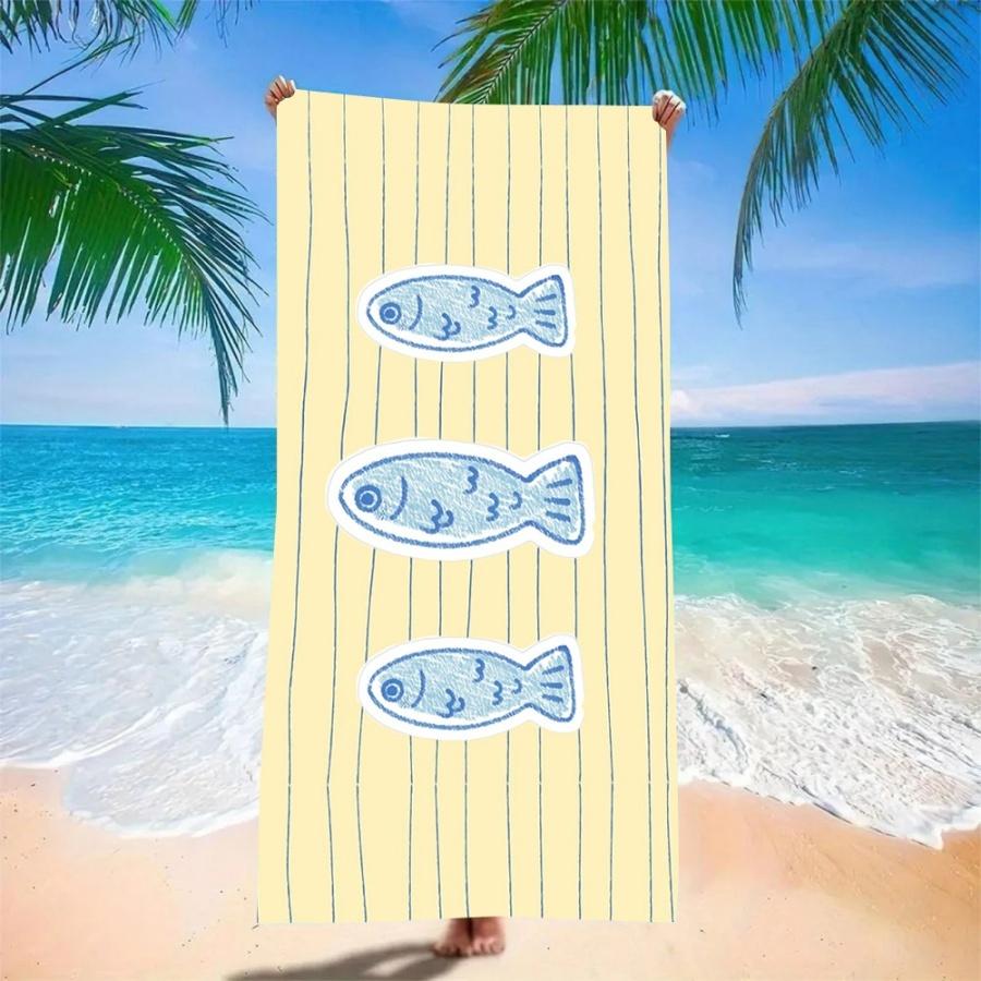 Beach Towel Oversized Sand Free Quick Dry Microfiber Fish Print Yellow Blue Striped Towels for Adults Kids Swim Camping Travel