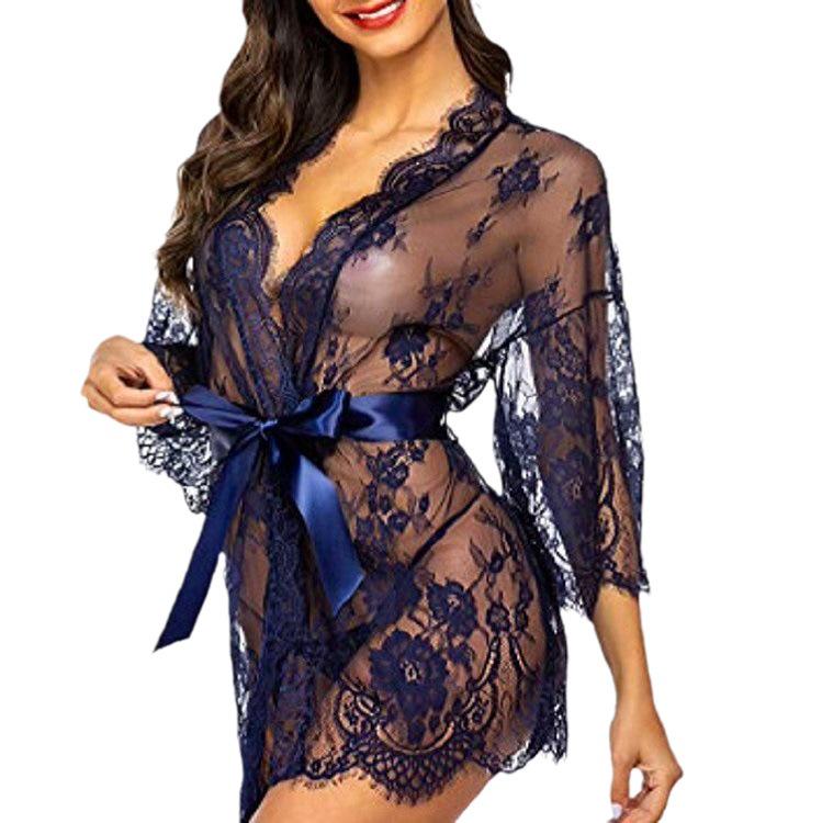 Sexy See-Through Lace Mesh Nightgown Robe Plus Size Lingerie