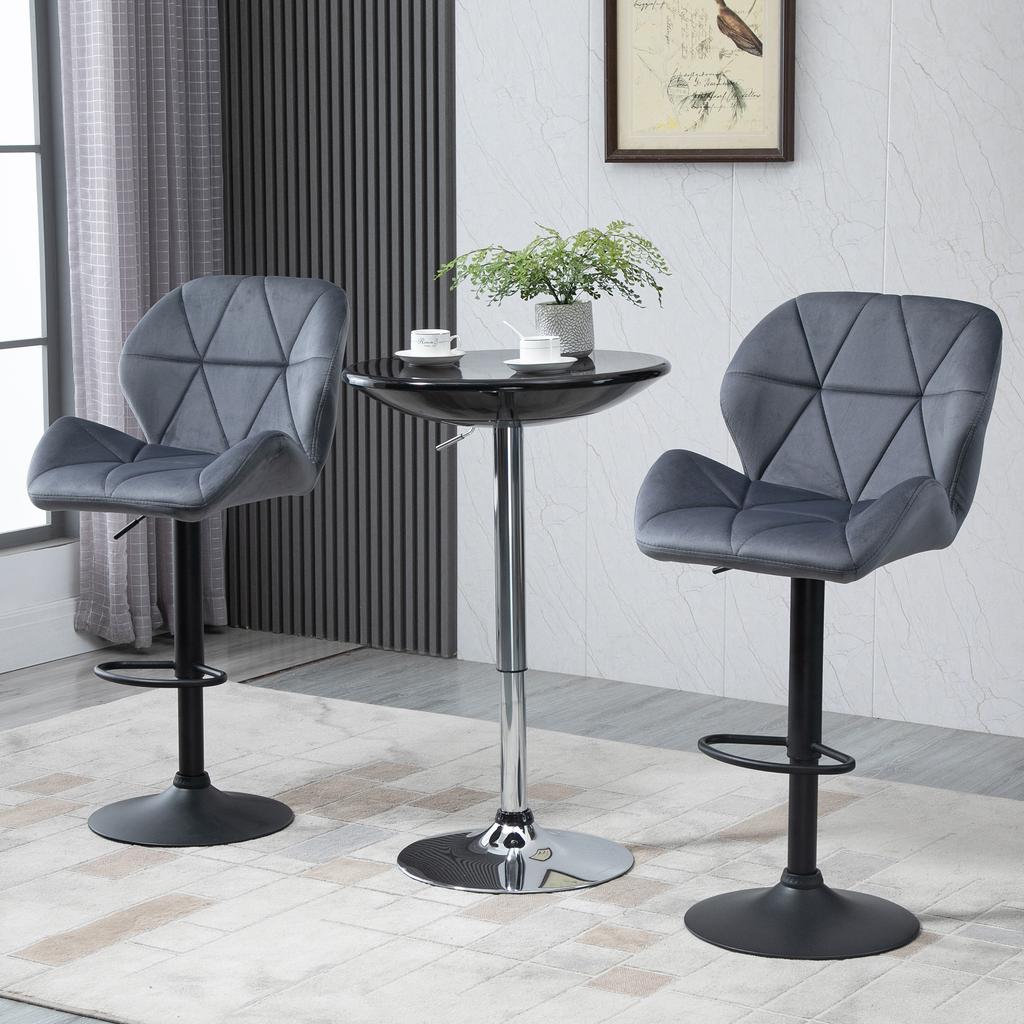 Set of 2 Bar Stools with Adjustable Height Metal Base Velvet Seat, High Swivel Kitchen Stools with Backrest and Footrest, 51.5x57.5x93-114.5cm, Grey
