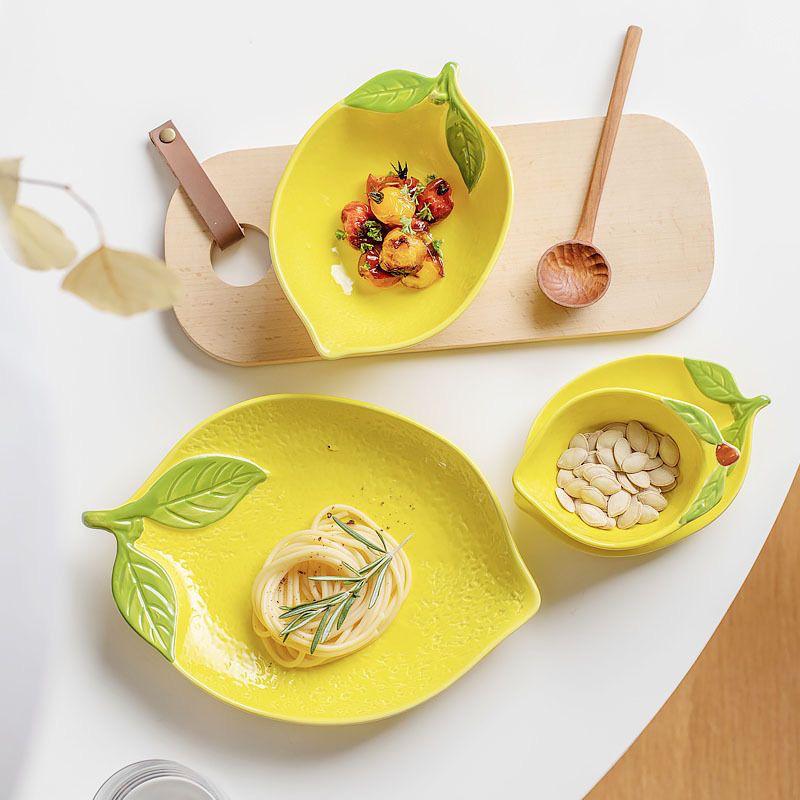 Creative Fruit Lemon Shape Hand-Painted Ceramic Dishes Tableware Cute Fruit Dishes Household Underglaze Color Dishes Bowl