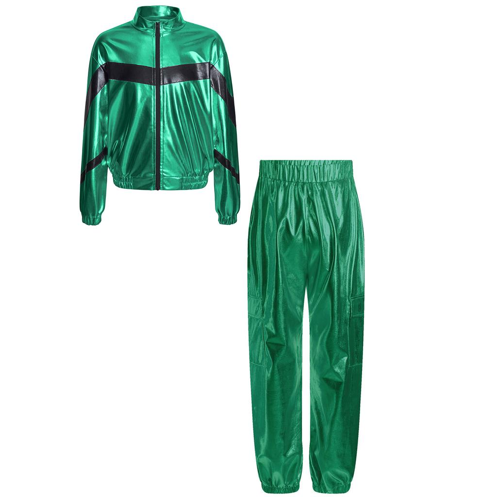 Mädchen Tanzjacke Mode Kontrastfarbe Langarm Stehkragen Metallischer Reißverschluss mit glänzendem Hosen-Set