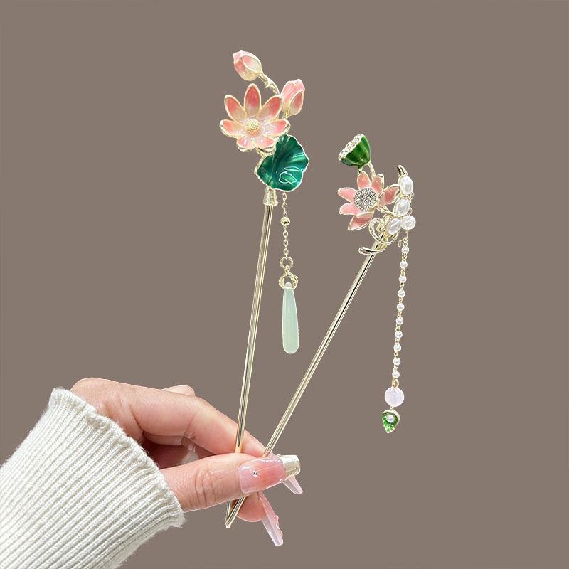 Fairy Lotus Tassel Hairpin For Girls Simulated Lotus Seedpod Hair Stick Not Fading Metal Hair Accessories Hanfu Hair Pins 1pc