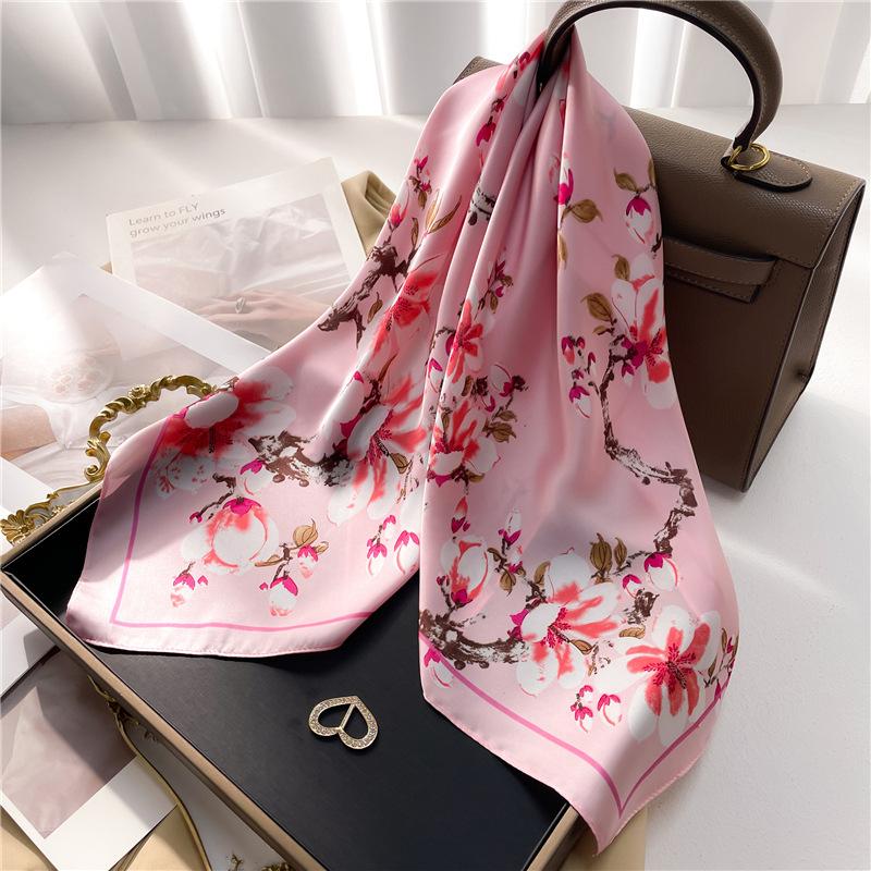 Silk Scarf Women'S Scarf Shawl 70Cm Korean Small Square Scarf Satin Surface Print Sun-Proof Headscarf