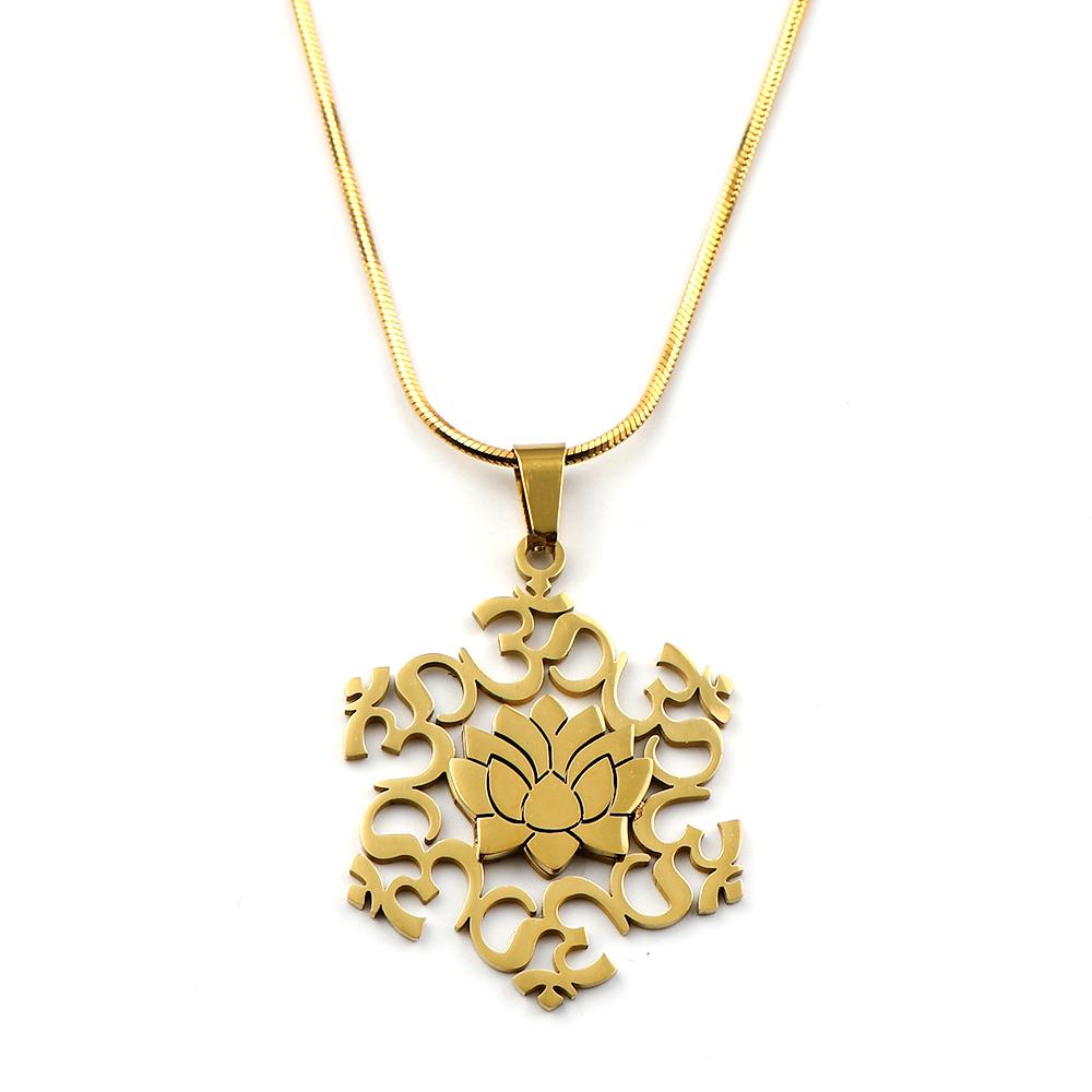 Hindu Buddhist Lotus Stainless Steel OM Symbol Necklace for Women Men Gold Silver Color Spiritual Snake Chain Necklace Jewelry