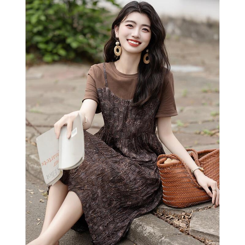 Demana Summer French A-Line T-Shirt Style Faux Two-Piece Dress