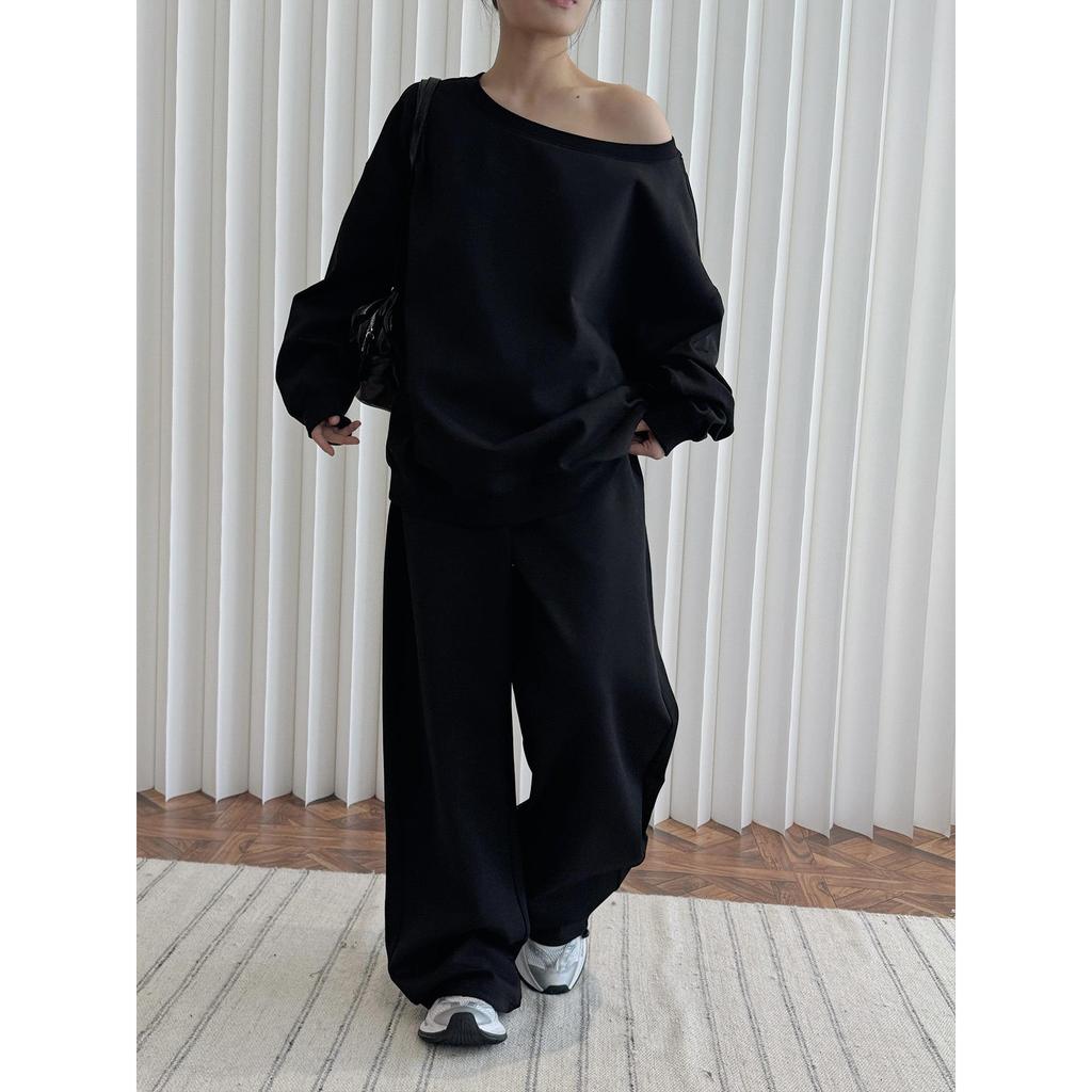 Louvre Spring Korean Athflow One-Shoulder Relaxed Sweatshirt for Women