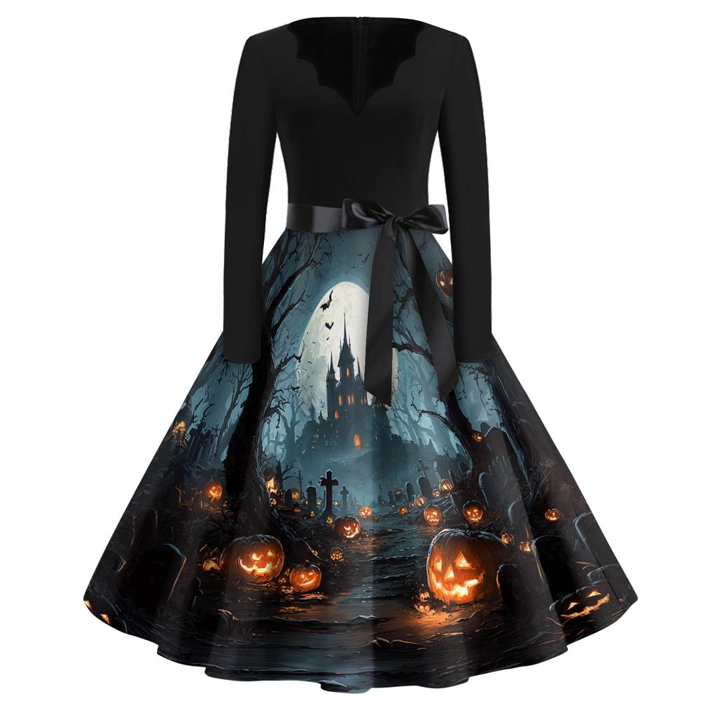 Women's Vintage Halloween Print V-Neck Dress, Casual Party Outfit for Celebrations