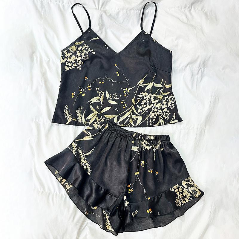 

Комплект пижамы из двух частей, тонкий, простой с принтом, для женщин, носящих топы-халтеры в течение четырех сезонов 1XL чёрный