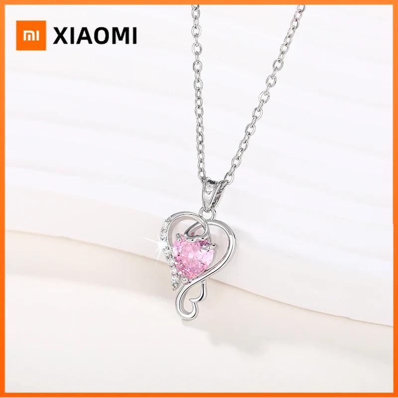 Xiaomi Huitan Temperament Sweet Bridal Wedding Necklace Heart Pink CZ Pendant Luxury Silver Color Aesthetic Love Jewelry for Women