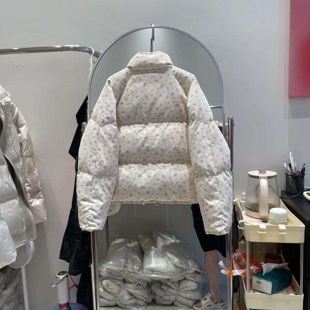 Korean Pastoral Small Floral Down Jacket Women's 2025 New Stand-up Collar Small White Duck Down Bread Jacket Winter Coat