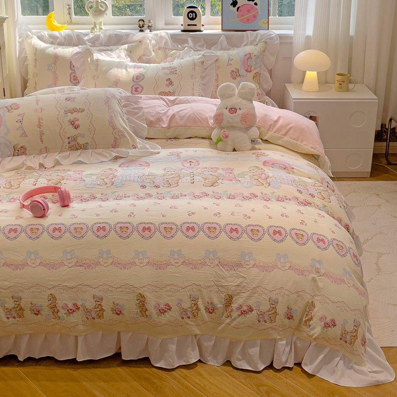 G5Z Princess Mingsha Lolita Lace Washed Cotton Bedding Set - Duvet Cover, Bed Sheet, Cute Girl Dormitory Style (4-Piece)