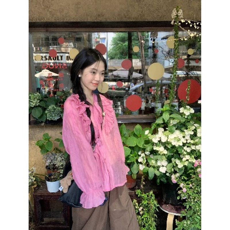 

Kumikumi Sweet French Style Ruffles Long Sleeves Shirt Women s Autumn Ruched Loose Thin Type Sunscreen Tops Plum Red L