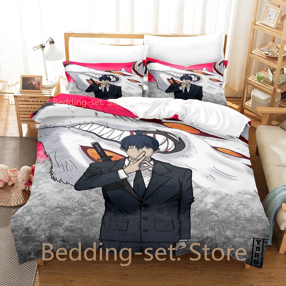 Fox Dveil Kon Chainsaw Man Bedding Set Single Twin Full Queen King Size Bed Set Adult Kid Bedroom Duvetcover Sets Anime Bed