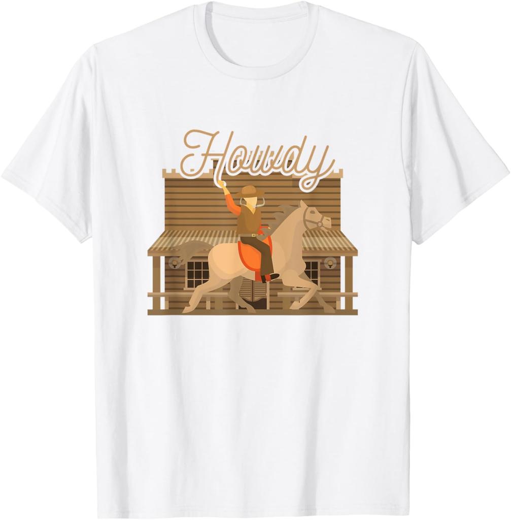 Howdy Cowboy Horse Rider Graphic Print Cotton Casual TShirt Men Western Rodeo Tee