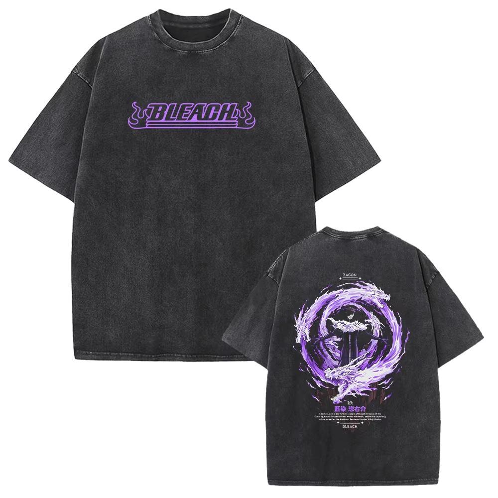 2026 Oversized Vintage Washed Black T-Shirt Featuring Double-Sided Anime Graphics of Ichigo Kurosaki from Bleach