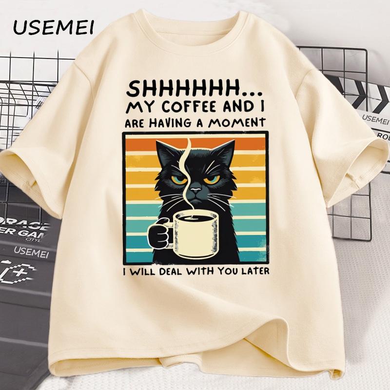 Funny Coffee Cat TShirt Summer Cotton Short Sleeve Cat Mama T Shirt Coffee Lover Tee Shirt Retro Cat T Shirt Unisexs Clothes