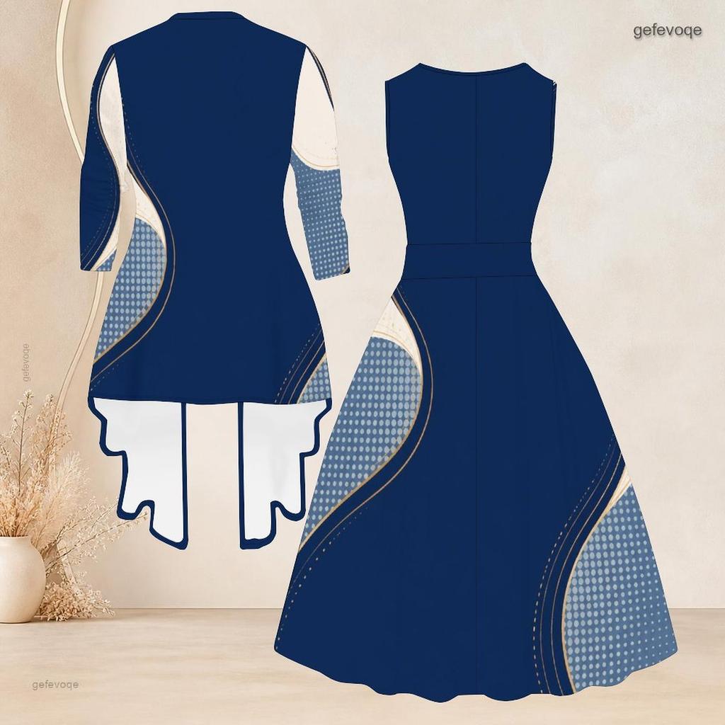 Women Plus Size Off White Printed Two Piece Set Sleeveless Round Neck Tie Waist Flare Dress And Long Sleeve Open Cardigan