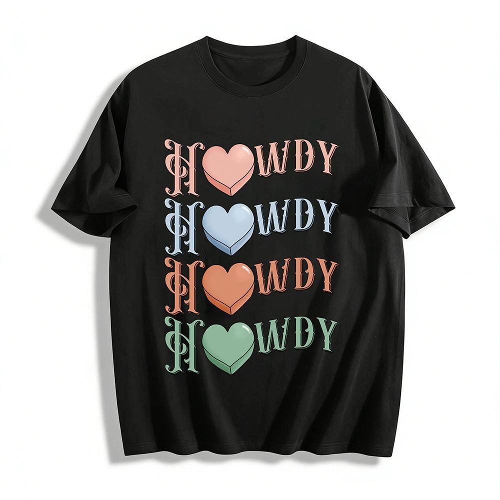 

Vintage Heart Howdy Graphic Casual Loose Fit Crew Neck Tee For Women Pure cotton T-shirt 6XL