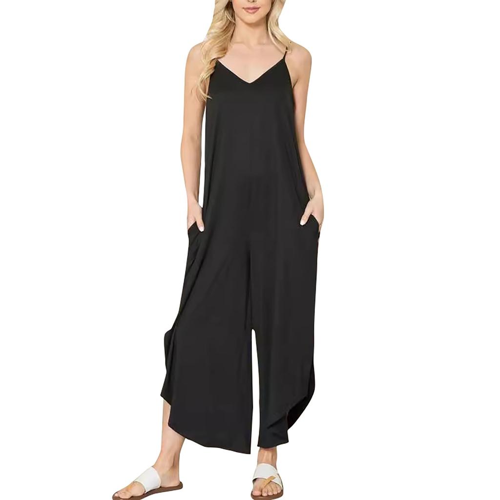 Women's Backless Suspender Double Pocket Side Slit Jumpsuit