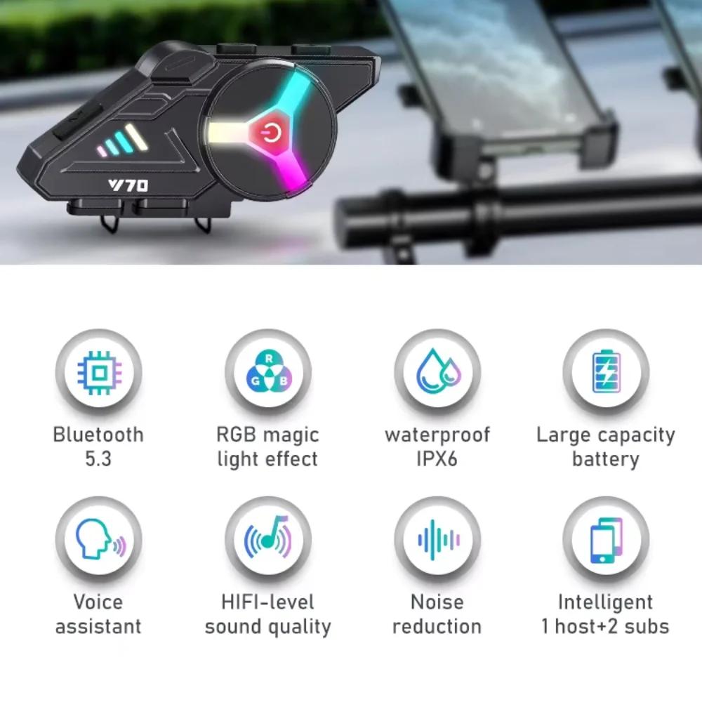 2026 Y70 Motorcycle Bluetooth Helmet Headset Earphone Colorful Lights IPX6 Waterproof Dual Connection Support for 2 Phones