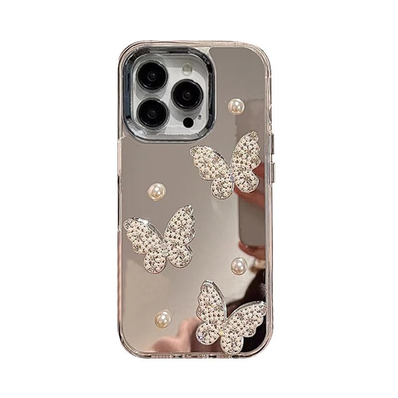 Electroplating Mirror Three-dimensional Pearl Butterfly Phone Case for IPhone 17, Apple 16, Promax Women's 14 Personality