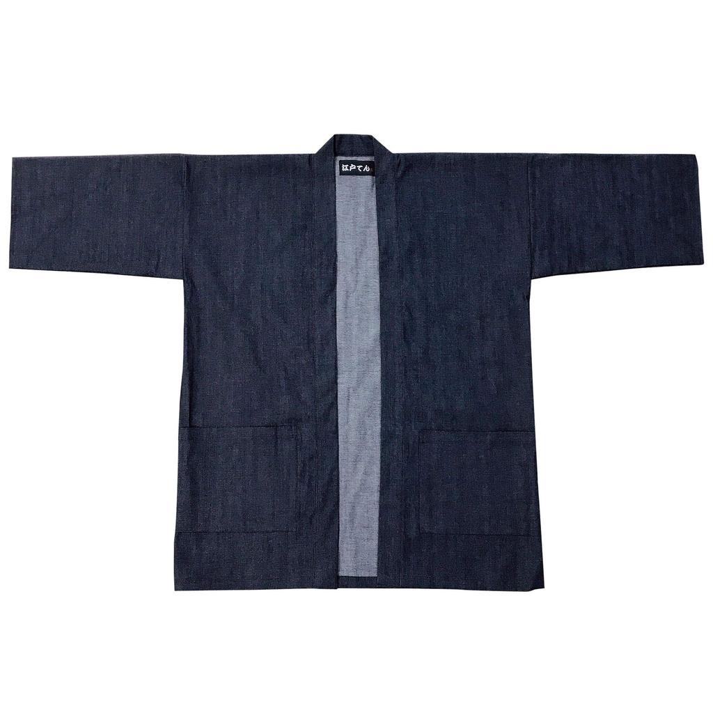 Edoten Haori (Japanese-style happi coat) Jacket, Made in Japan, Washable, Dark Navy Blue Denim, Size L, Ideal for Work or Field Wear