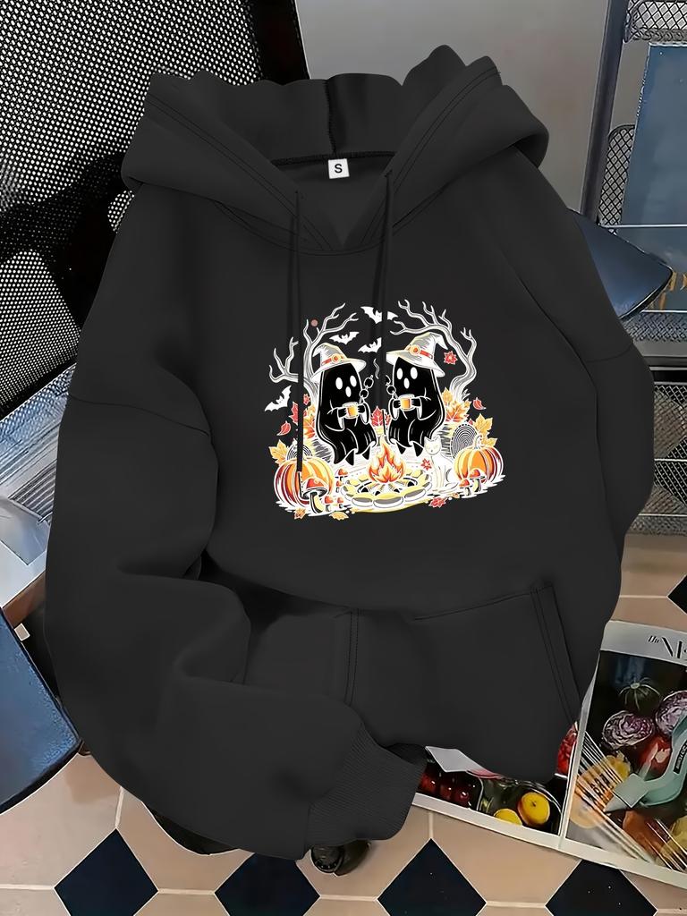 Unisex Fall Autumn Halloween Cute And Pumpkin Print Kangaroo Pocket Graphic Hoodie Hooded Sweatshirt Print Casual Top for Daily W